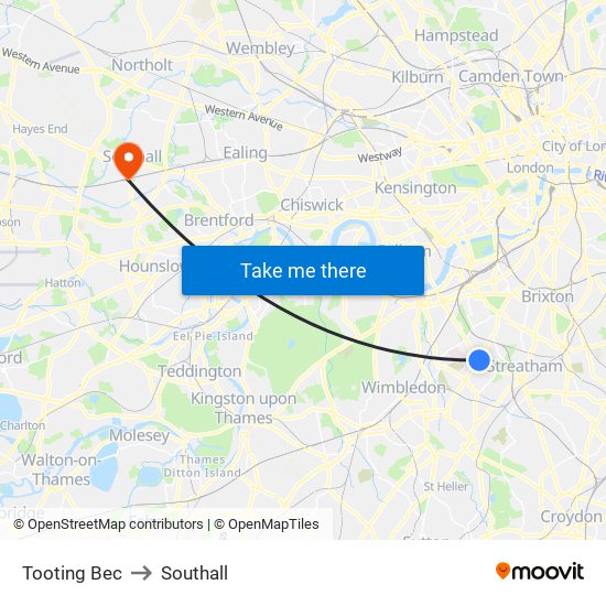 Tooting Bec to Southall map