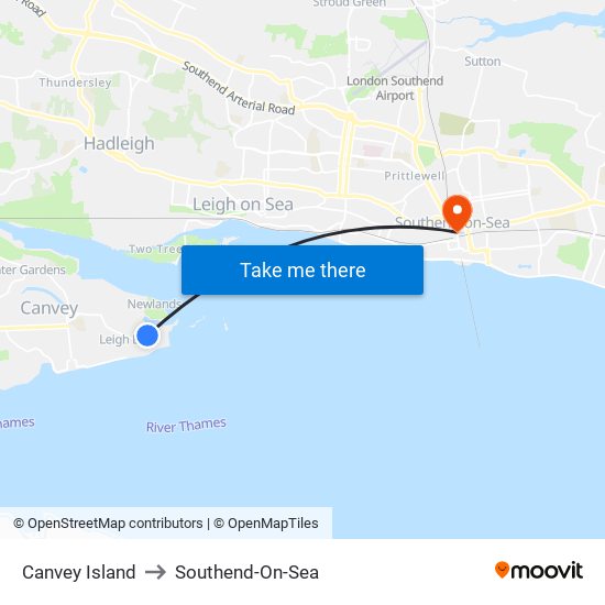 Canvey Island to Southend-On-Sea map