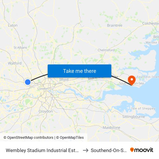 Wembley Stadium Industrial Estate to Southend-On-Sea map