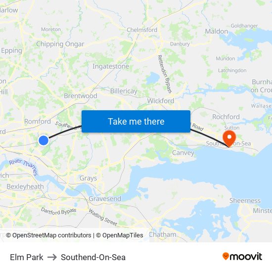 Elm Park to Southend-On-Sea map