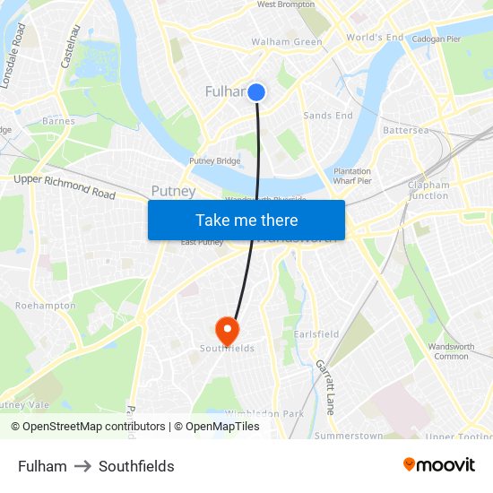 Fulham to Southfields map