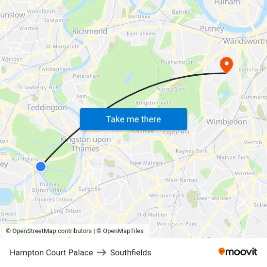 Hampton Court Palace to Southfields map
