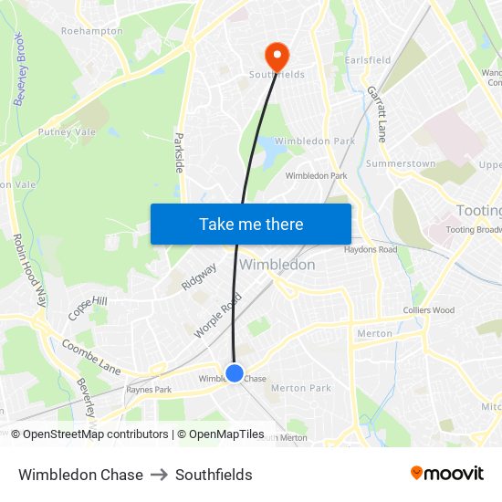 Wimbledon Chase to Southfields map