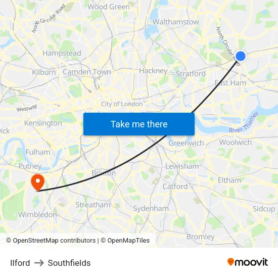 Ilford to Southfields map