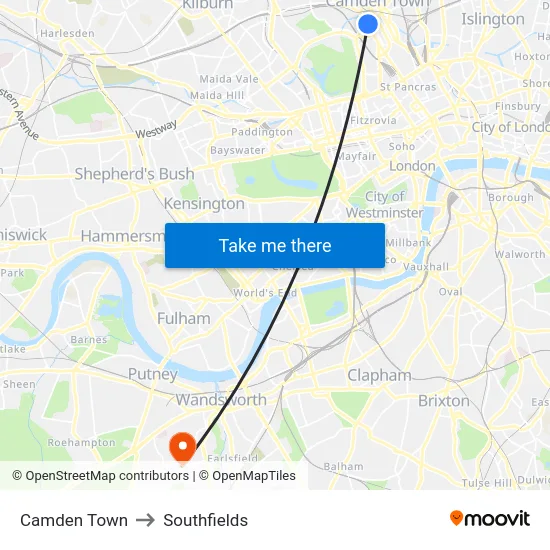 Camden Town to Southfields map
