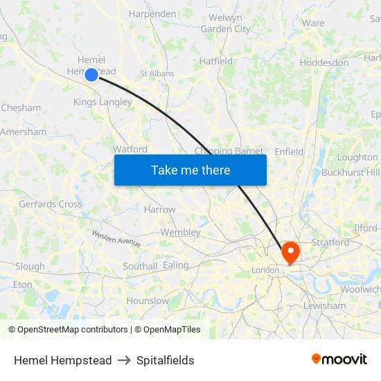Hemel Hempstead to Spitalfields map