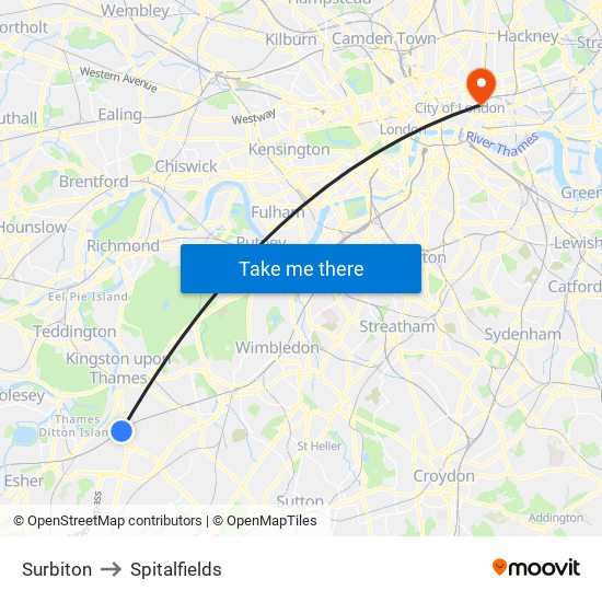 Surbiton to Spitalfields map