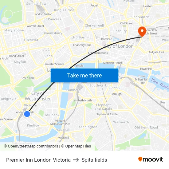 Premier Inn London Victoria to Spitalfields map