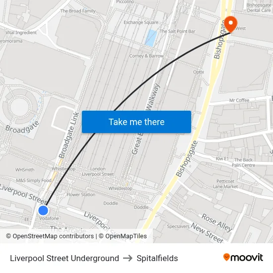 Liverpool Street Underground to Spitalfields map