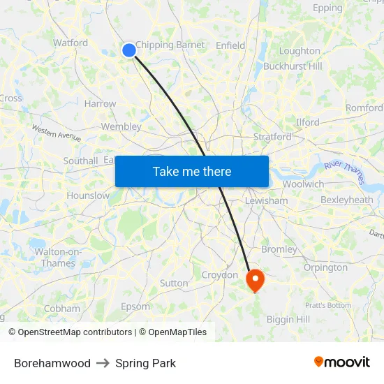 Borehamwood to Spring Park map