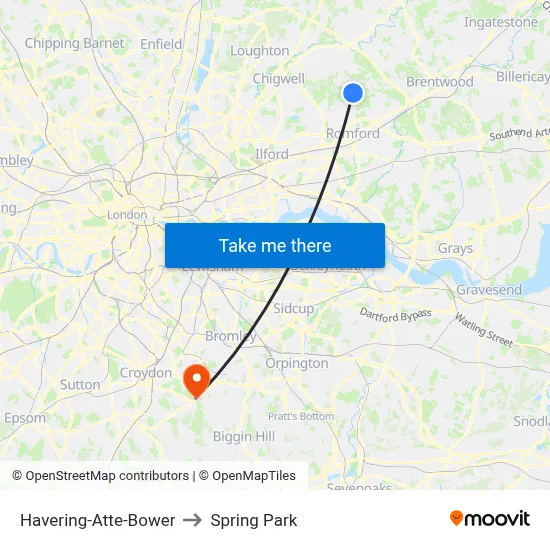 Havering-Atte-Bower to Spring Park map