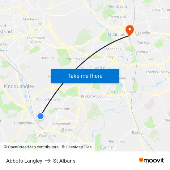 Abbots Langley to St Albans map
