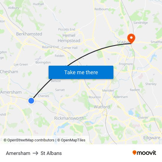 Amersham to St Albans map