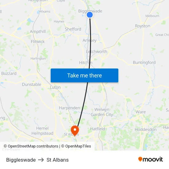 Biggleswade to St Albans map