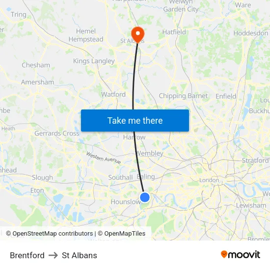Brentford to St Albans map