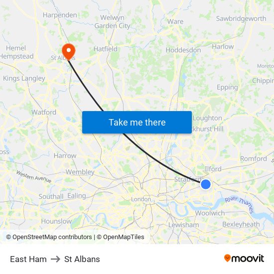 East Ham to St Albans map