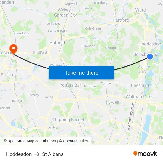 Hoddesdon to St Albans map