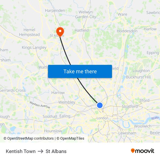 Kentish Town to St Albans map