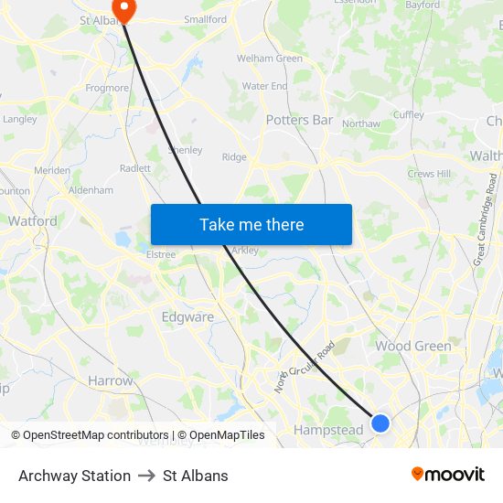 Archway Station to St Albans map