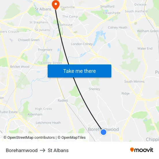 Borehamwood to St Albans map