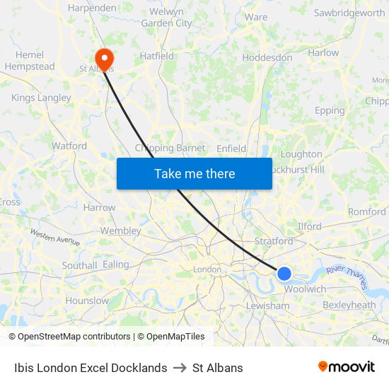 Ibis London Excel Docklands to St Albans map