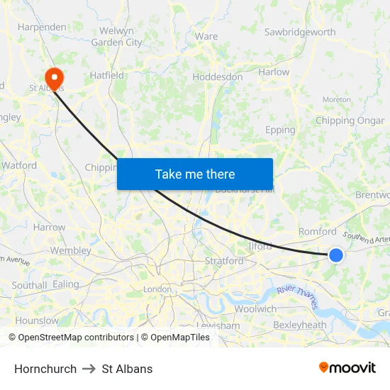 Hornchurch to St Albans map
