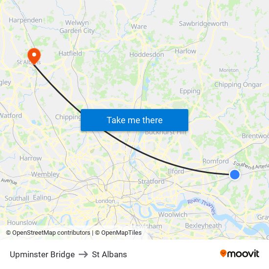 Upminster Bridge to St Albans map