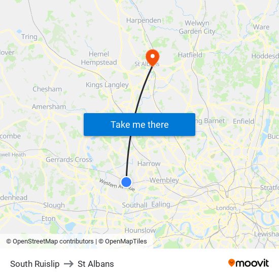 South Ruislip to St Albans map