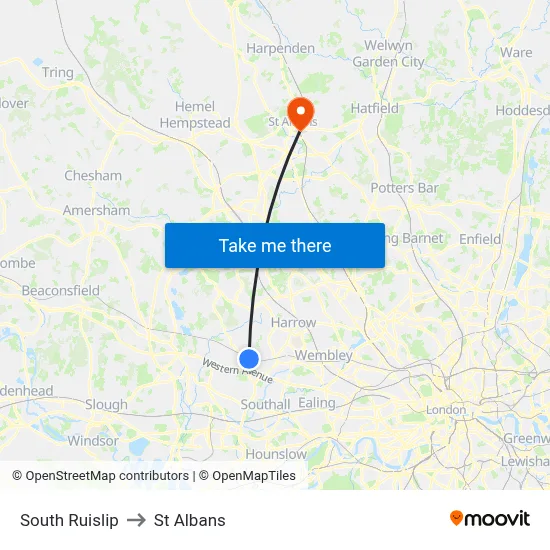South Ruislip to St Albans map
