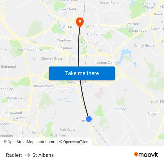 Radlett to St Albans map