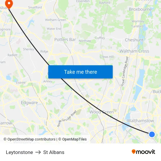 Leytonstone to St Albans map