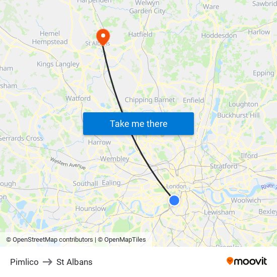 Pimlico to St Albans map