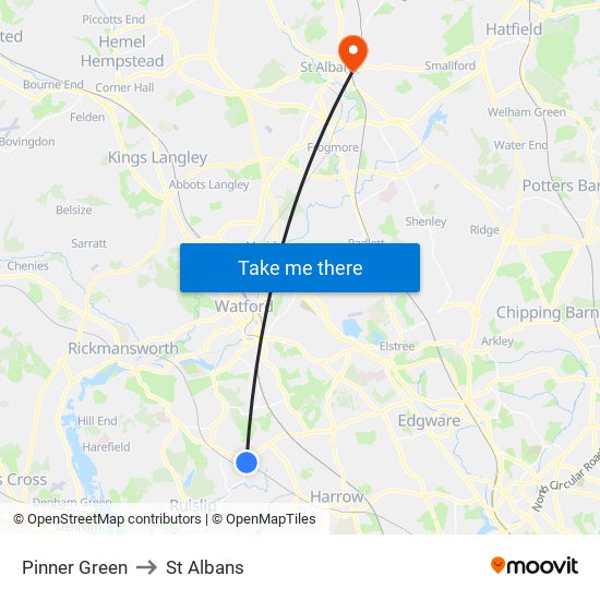 Pinner Green to St Albans map