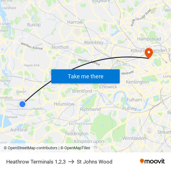 Heathrow Terminals 1,2,3 to St Johns Wood map