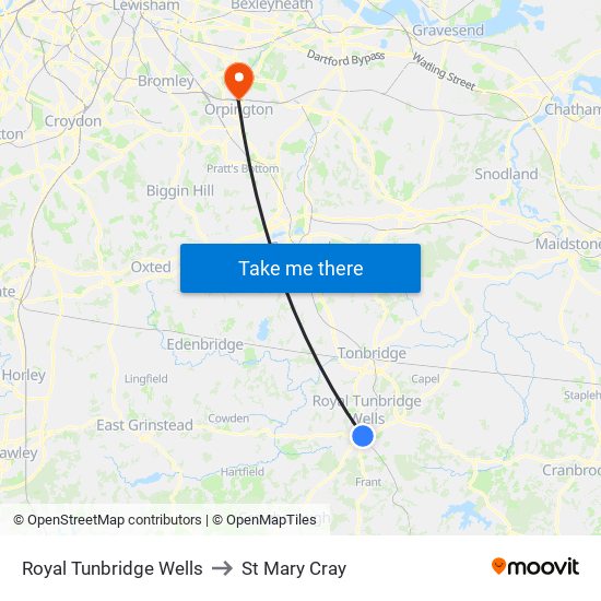 Royal Tunbridge Wells to St Mary Cray map