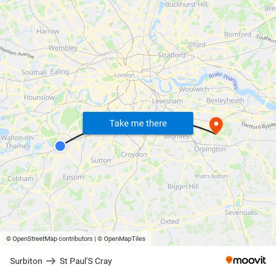 Surbiton to St Paul'S Cray map