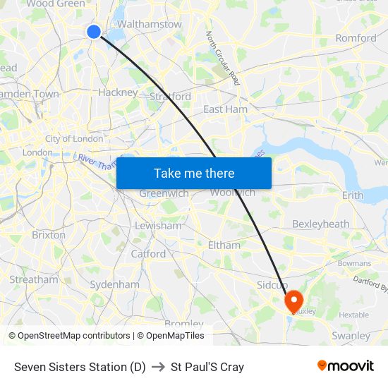 Seven Sisters Station (D) to St Paul'S Cray map