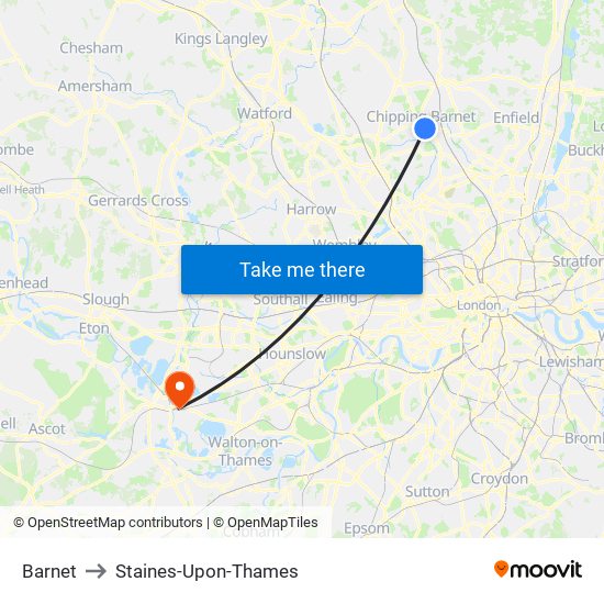 Barnet to Staines-Upon-Thames map