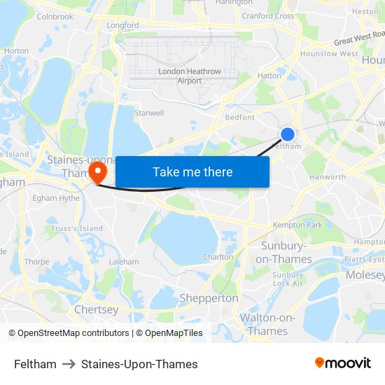 Feltham to Staines-Upon-Thames map