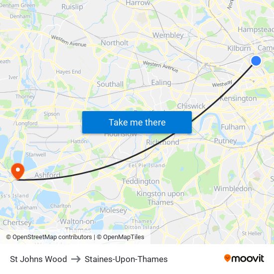 St Johns Wood to Staines-Upon-Thames map