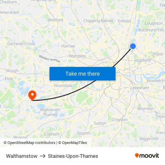 Walthamstow to Staines-Upon-Thames map