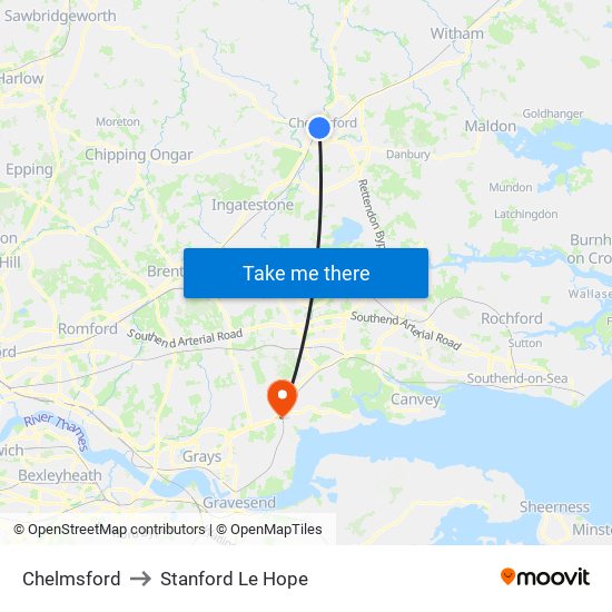 Chelmsford to Stanford Le Hope map