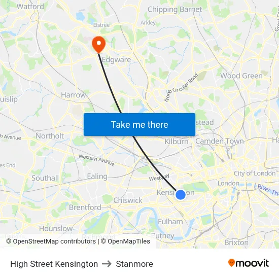 High Street Kensington to Stanmore map
