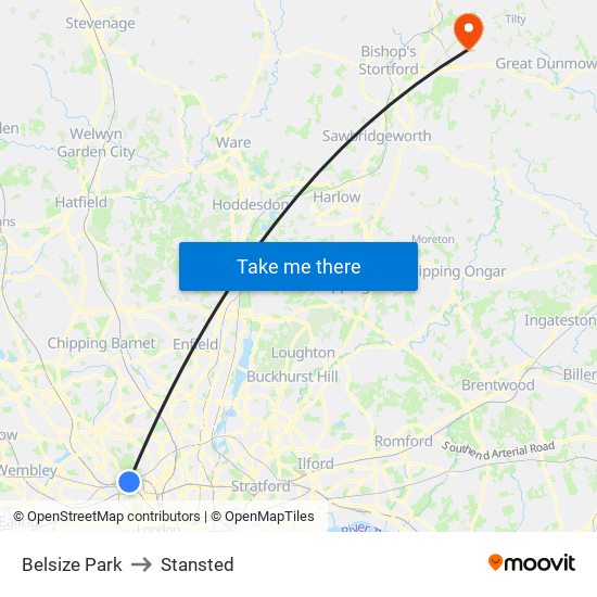 Belsize Park to Stansted map