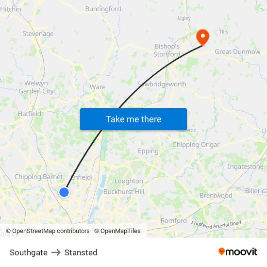 Southgate to Stansted map