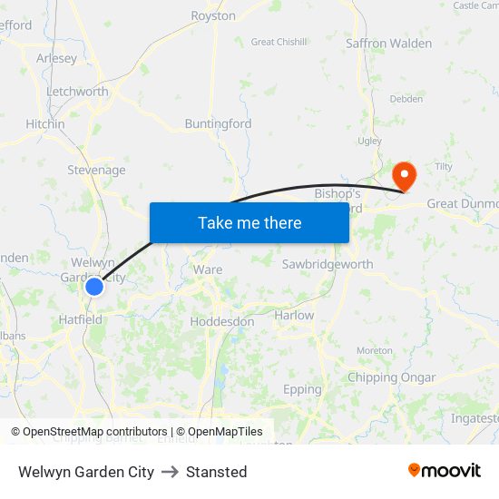 Welwyn Garden City to Stansted map