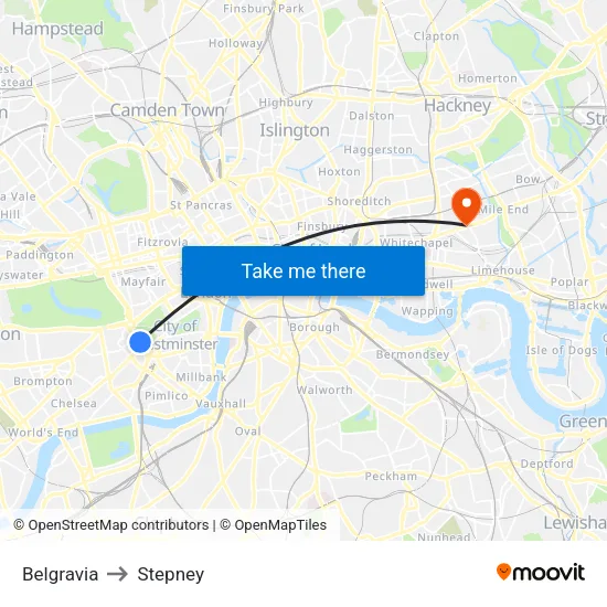Belgravia to Stepney map