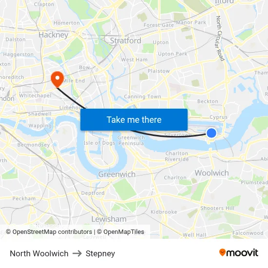 North Woolwich to Stepney map