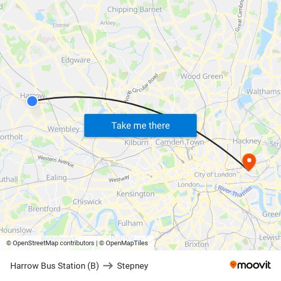 Harrow Bus Station (B) to Stepney map