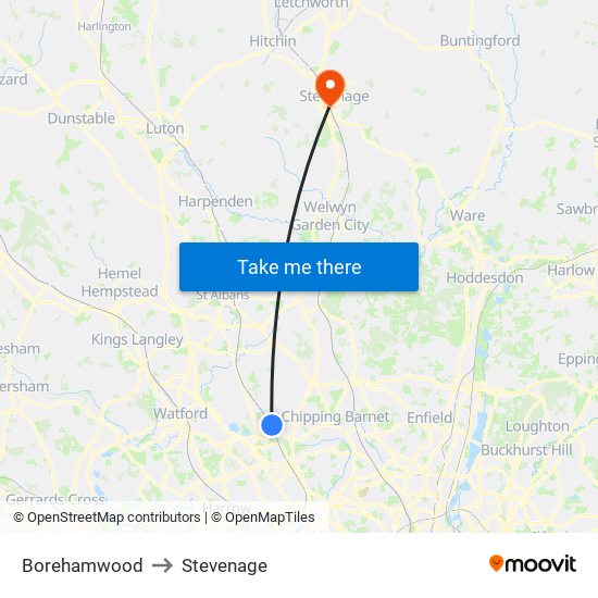 Borehamwood to Stevenage map